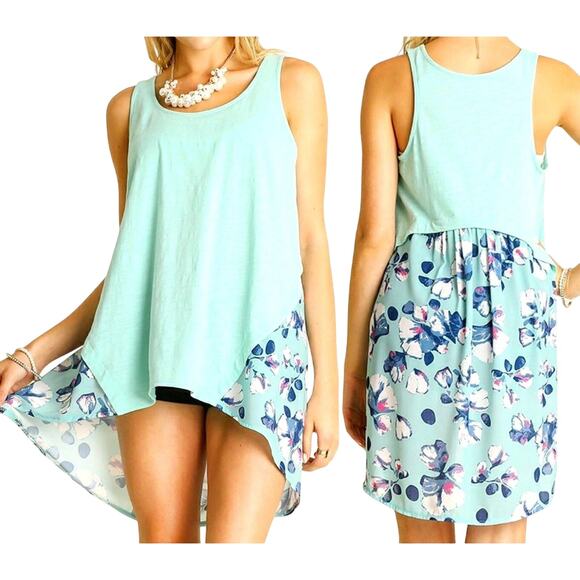 Umgee Top Size S Mint Green Fairy Floral Print Hi-low Relaxed Tunic Womens Shirt - Picture 1 of 4